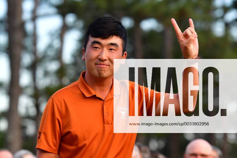 Doug Ghim celebrates after winning the low amateur at the 2018 Masters Tournament at the Augusta National Golf Club in Augusta, Georgia, on April 8, 2018. AUG20180408325 KEVINxDIETSCH