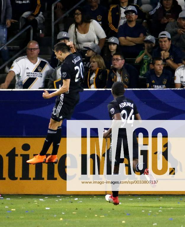Los Angeles, California, U.S - Sporting Kansas Citys forward Daniel Salloi (20) of Hungary, celebrates his goal against Los Angeles Galaxy during the 2018 Major League Soccer MLS Fussball Herren USA match between Los Angeles Galaxy and Sporting Kansas City in Carson, California, April 8, 2018. Sporting Kansas City won 2-0. MLS 2018: Los Angeles Galaxy 0-2 Sporting Kansas City - ZUMAc68_ 20180408_zaf_c68_044
