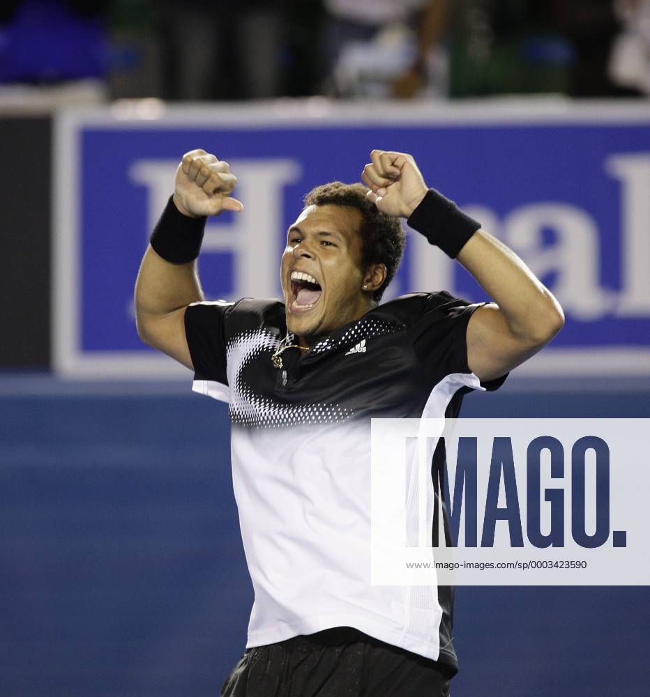 Jo Wilfried Tsonga (Frankreich) - Schlußjubel Tennis Herren Australian Open 2008, Grand Slam, ATP Tour Einzelbild Melbourne Freude, Begeisterung, Tennis Herren Australian Open 2008, Grand Slam, ATP Tour Einzelbild Melbourne Freude, Begeisterung,