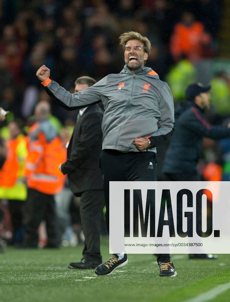 - SPORT Liverpool v A.S. Roma UEFA Champions League Semi-Final Liverpool manager Jurgen Klopp celebrates after his team went 1-0 up during the UEFA Champions League Semi-Final match at Anfield, Liverpool Content Not Available For UK Newspapers