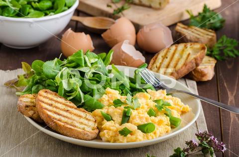 Scrambled eggs with beans and salad, baked baguette on a panini scrambled, eggs, egg, breakfast, food, meal, pan, fresh, toast, fried, bread, lunch, plate, closeup, yellow, delicious, dish, morning, cooked, parsley, fork, healthy, omelet, gourmet, cuisine, background, brunch, white, iron, dinner, traditional, tasty, snack, herbs, bacon, appetizer, green, wooden, frying, skillet, salad, lamb, lettuce, bio, organic, rustic, wood
