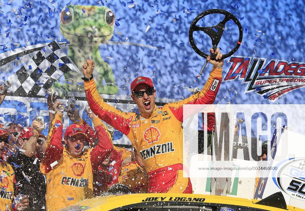 - SPORT TALLADEGA, AL - APRIL 29: Joey Logano, Team Penske, Ford Fusion Shell Pennzoil (22) celebrates in Victory Circle after winning the 49th running of the Monster Energy NASCAR Motorsport USA Cup Series GEICO 500 race on April 29, 2018, at the Talladega Superspeedway in Talladega, AL. (Photo by David J. Griffin Icon Sportswire) AUTO: APR 29 Monster Energy NASCAR Cup Series - GEICO 500 Icon95318042900875500