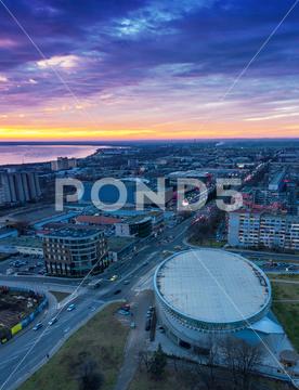 Sports complex Park Arena at sunset in Burgas, Bulgaria aerial, architecture, automobile, avenue, blue, boulevard, building, bulgaria, burgas, car, city, cityscape, cloud, destination, development, dynamic, drone, dusk, europe, evening, highway, landscape, light, outdoors, panorama, road, roadside, sky, skyline, sports complex, street, sun, swimming pool, traffic, transport, transportation, travel, town, twilight, urban, view