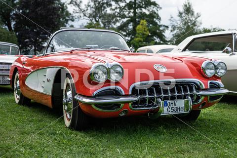 The sports car Chevrolet Corvette (C1), 1958. The exhibition of "US Car Classics". style, design, nostalgia, classic, ancient, antique, auto, automobile, automotive, car, 2-door, sports car, Chevrolet, Corvette, C1, iconic, Vette, convertible, cabriolet, cabrio, germany, model, old, oldtimer, retro, shine, transport, vehicle, vintage, Diedersdorf, US, USA, America, American, front