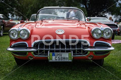 The sports car Chevrolet Corvette (C1), 1958. The exhibition of "US Car Classics". style, design, nostalgia, classic, ancient, antique, auto, automobile, automotive, car, 2-door, sports car, Chevrolet, Corvette, C1, iconic, Vette, convertible, cabriolet, cabrio, germany, model, old, oldtimer, retro, shine, transport, vehicle, vintage, Diedersdorf, US, USA, America, American, front