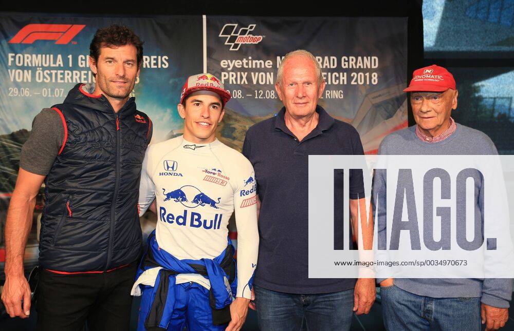 FORMULA 1 - Marc Marquez SPIELBERG,AUSTRIA,05.JUN.18 - MOTORSPORTS, FORMULA 1 - Red Bull Ring, Marc Marquez, press conference PK Pressekonferenz Image shows Mark Webber (AUS), Marc Marquez (ESP), motorsport consultant Helmut Marko (Red Bull Racing) and Niki Lauda. GEPAxpictures Buehner