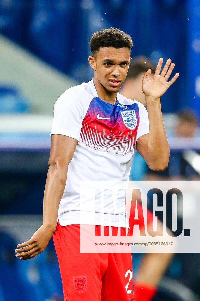 England v Tunisia 2018 FIFA World Cup WM Weltmeisterschaft Fussball Trent Alexander-Arnold England swats flies away (which have become an infestation locally)while warming up before the 2018 FIFA World Cup match at Volgograd Arena, Volgograd Content Not Available For UK Newspapers