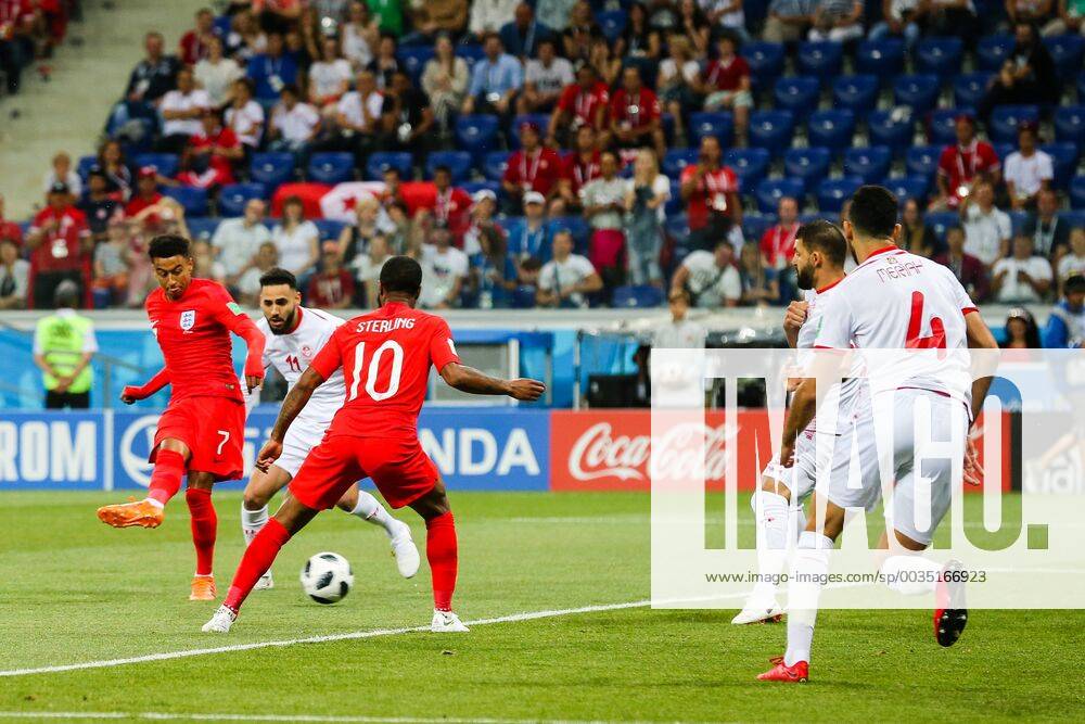 England v Tunisia 2018 FIFA World Cup WM Weltmeisterschaft Fussball Jesse Lingard strikes at goal during the England v Tunisia 2018 FIFA World Cup match at Volgograd Arena, Volgograd Content Not Available For UK Newspapers