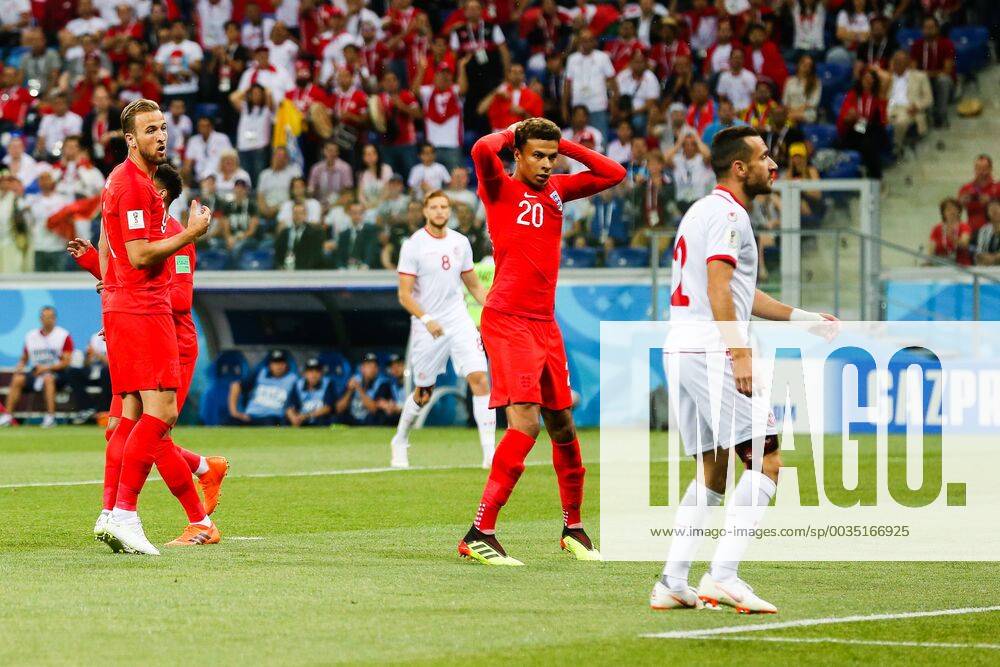 England v Tunisia 2018 FIFA World Cup WM Weltmeisterschaft Fussball Harry Kane and Dele Alli gasp at a near miss by Jesse Lingard of England during the England v Tunisia 2018 FIFA World Cup match at Volgograd Arena, Volgograd Content Not Available For UK Newspapers