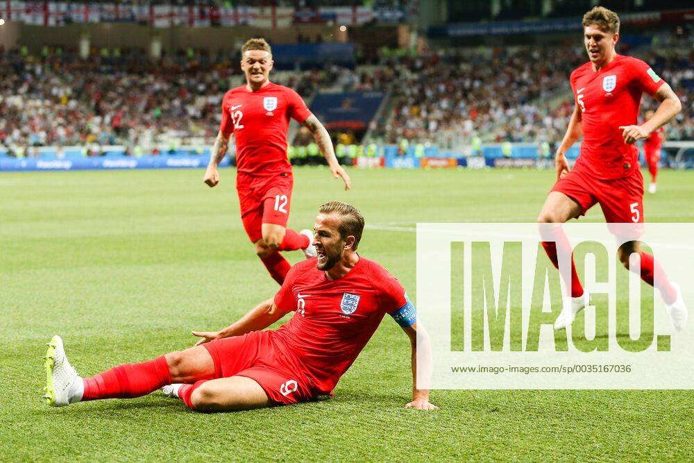 England v Tunisia 2018 FIFA World Cup WM Weltmeisterschaft Fussball Harry Kane of England celebrates scoring their first goal during the England v Tunisia 2018 FIFA World Cup match at Volgograd Arena, Volgograd Content Not Available For UK Newspapers