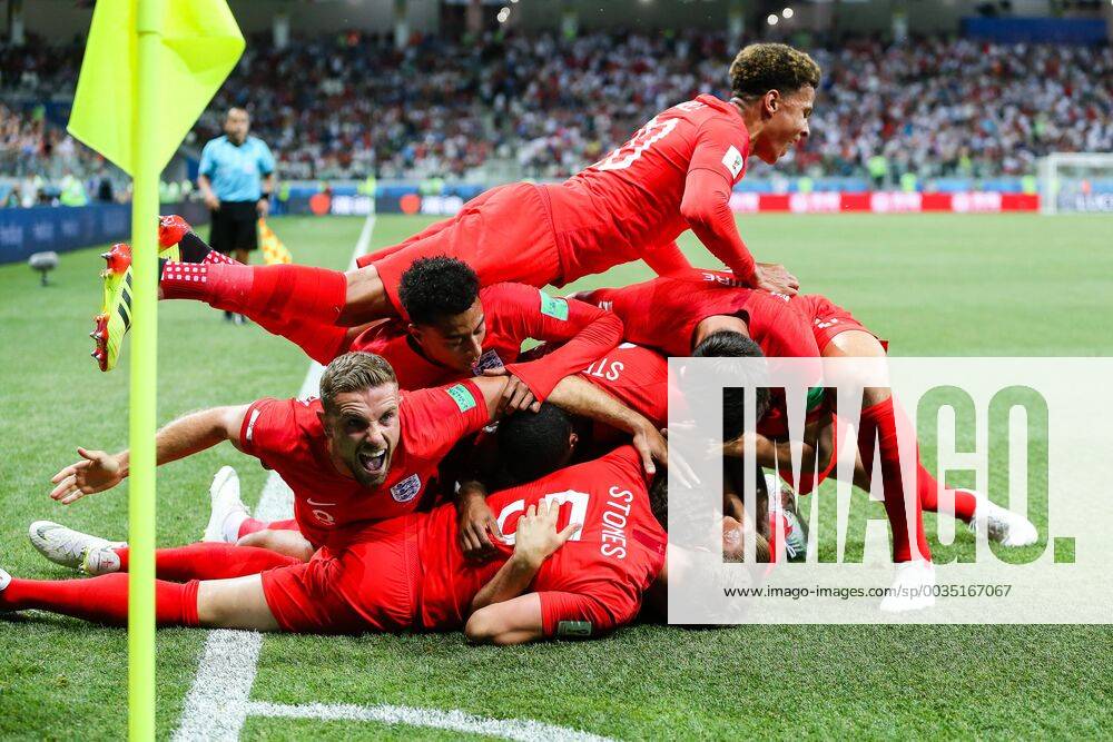 England v Tunisia 2018 FIFA World Cup WM Weltmeisterschaft Fussball England celebrate Harry Kane scoring their first goal during the England v Tunisia 2018 FIFA World Cup match at Volgograd Arena, Volgograd Content Not Available For UK Newspapers