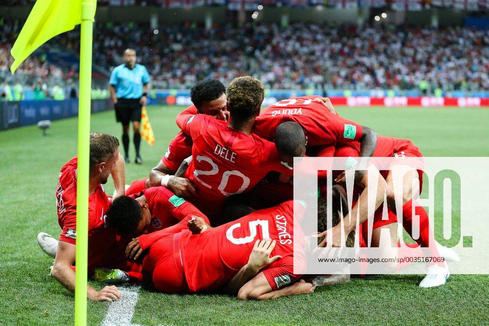 England v Tunisia 2018 FIFA World Cup WM Weltmeisterschaft Fussball England celebrate Harry Kane scoring their first goal during the England v Tunisia 2018 FIFA World Cup match at Volgograd Arena, Volgograd Content Not Available For UK Newspapers