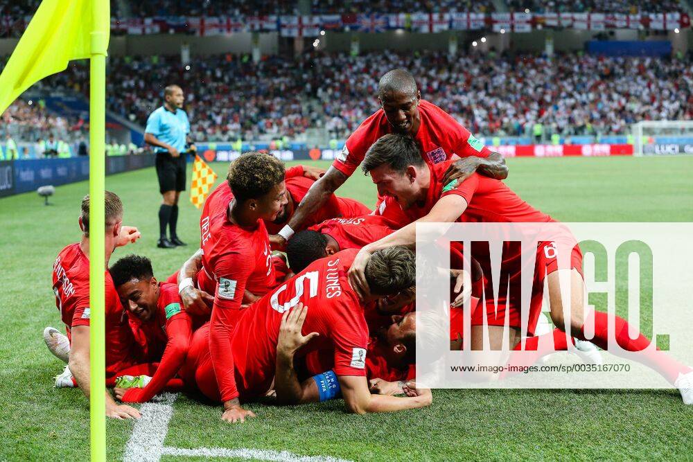 England v Tunisia 2018 FIFA World Cup WM Weltmeisterschaft Fussball England celebrate Harry Kane scoring their first goal during the England v Tunisia 2018 FIFA World Cup match at Volgograd Arena, Volgograd Content Not Available For UK Newspapers