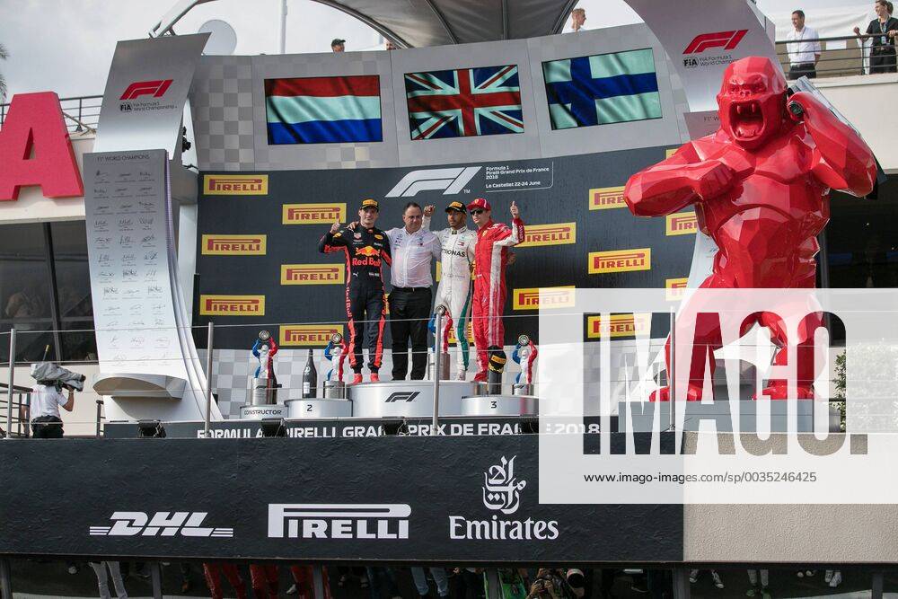 Vl. Max Verstappen (Red Bull Racing), Ron Meadows (Teammanager Mercedes AMG Petronas Formula One Team), Lewis Hamilton (Mercedes AMG Petronas Formula One Team), Kimi Raikkoenen (Scuderia Ferrari) Grosser Preis von Frankreich 2018, Rennen, Motorsport, Formel 1, 24.06.2018 Le Castellet