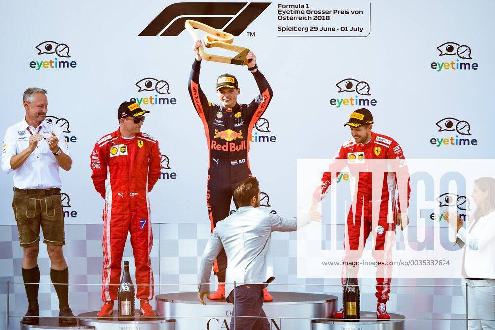 FORMULA 1 - GP of Austria 2018 SPIELBERG,AUSTRIA,01.JUL.18 - MOTORSPORTS - Grand Prix of Austria, Red Bull Ring. Image shows team manager Jonathan Wheatley (Red Bull Racing), Kimi Raikkoenen (FIN Ferrari), the rejoicing of Max Verstappen (NED Red Bull Racing), Sebastian Vettel (GER Ferrari) and Marcel Hirscher. GEPAxpictures Klansek