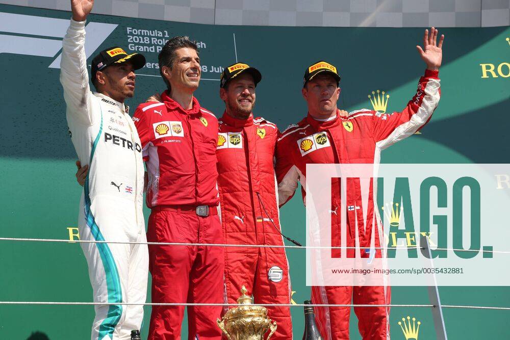 Photo4 LaPresse 08 07 2018 Silverstone, England Grand Prix Formula One England 2018 In the pic: Podium, winner Sebastian Vettel (GER) Scuderia Ferrari SF71H, 2nd place Lewis Hamilton (GBR) Mercedes AMG F1 W09 3rd place Kimi Raikkonen (FIN) Scuderia Ferrari SF71H