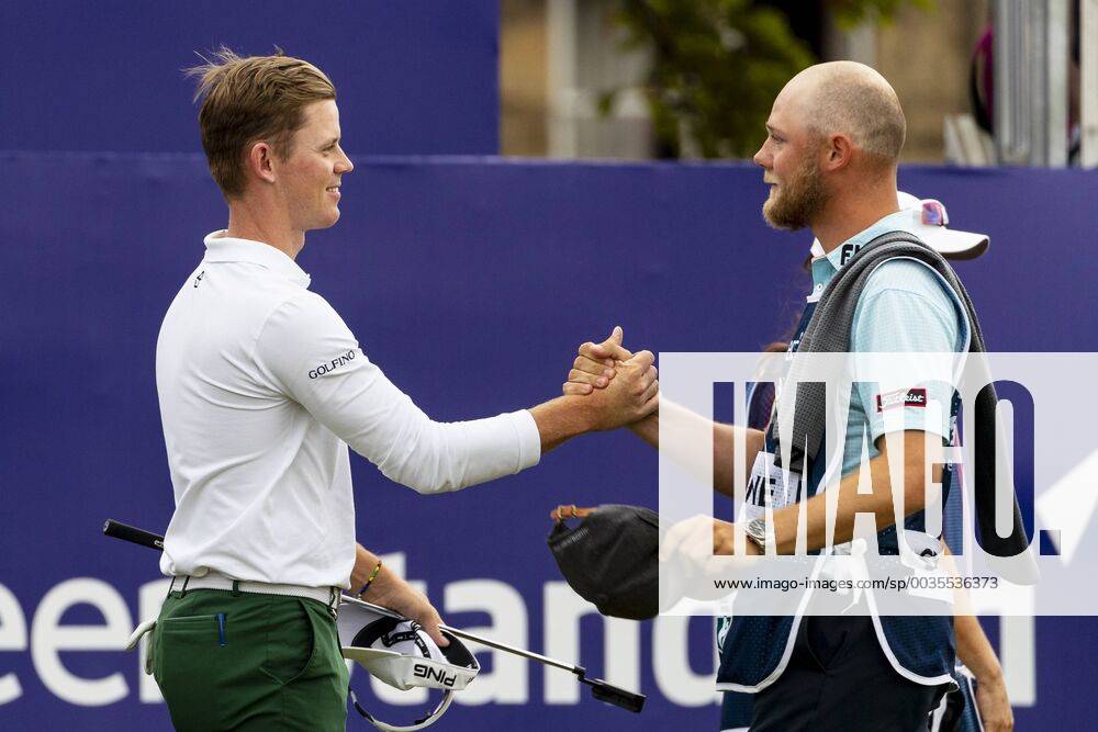 15th July 2018, Gullane Golf Club, Gullane, Scotland; Aberdeen Investments Scottish Open Golf, 4th round; Brandon Stone with caddy after his round with a closing round 60 ActionPlus12048156 AlanxRennie
