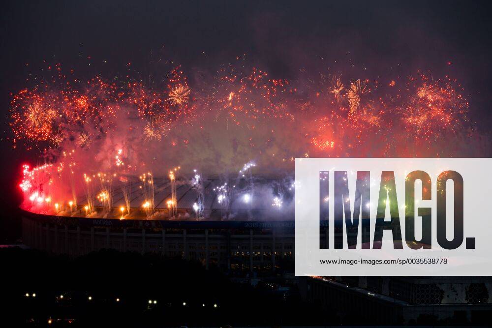 MOSCOW, RUSSIA – JULY 15, 2018: Fireworks light up the sky over Luzhniki Stadium after the 2018 FIFA World Cup WM Weltmeisterschaft Fussball final football match between France and Croatia. Team France won the game 4:2 and claimed the World Cup title. Sergei Fadeichev TASS TS089AF2