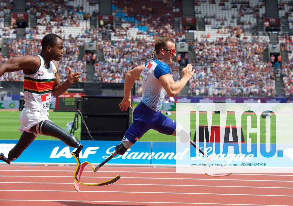KW29 Muller Anniversary Games Richard Whitehead of Great Britain (right) finishes 2nd to Ntando Mahlangu of South Africa in the men?s T61 200m during the Muller Anniversary Games at the London Stadium, Stratford Content Not Available For UK Newspapers
