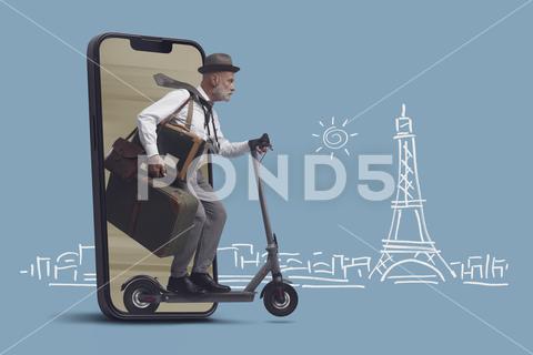 Vintage style international traveler and tourist riding an e-scooter, he is coming out from a smartphone screen, travel destination sketch in the background Man, Scooter, Electric scooter, Travel, Tourist, Businessman, Traveler, Suitcase, Smartphone, City, Vintage, Retro, Mobile phone, App, Online, Paris, Tour Eiffel, France, Service, Internet, Sketch, Drawing, Skyline, Landmark, Application, Screen, Technology, Communication, Destinations, Augmented Reality, Journalist, Photoreporter, Luggage, Old, People, Transport, Journey, Trip, Riding, Moving, Eco-friendly, Concept, Copy space, Tourism, Sustainable, Environmentally friendly, Smart mobility