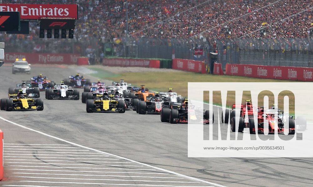 Formel 1 FIA , Grand Prix von Deutschland Rennen 2018, v.l. Rennstart Sebastian Vettel (Ferrari Scuderia Ferrari) vor Valtteri Bottas (Mercedes AMG), Kimi Räikkönen (Ferrari Scuderia Ferrari), Max Verstappen (Red Bull Racing), Nico Hülkenberg (Renault) Hockenheim