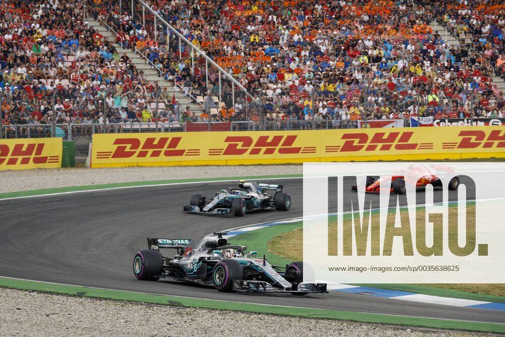 Motorsports: FIA Formula One World Championship WM Weltmeisterschaft 2018, Grand Prix of Germany, 44 Lewis Hamilton (GBR, Mercedes AMG Petronas Motorsport), 77 Valtteri Bottas (FIN, Mercedes AMG Petronas Motorsport), 7 Kimi Raikkonen (FIN, Scuderia Ferrari), Hockenheim Germany