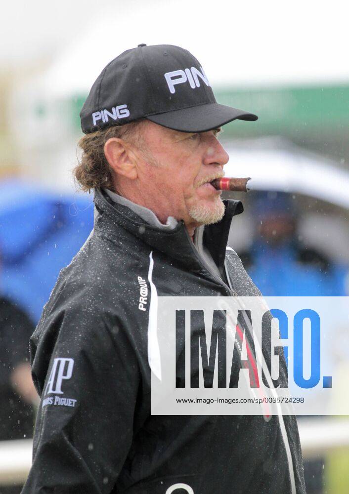 29th July 2018, Old Course at St Andrews, St Andrews, Scotland; The 2018 Senior Open Golf Championships, 4th round; Overnight leader Miguel Angel Jimenez (ESP) walks onto the first tee as the rain falls on St Andrews ActionPlus12051549 AlanxMartin
