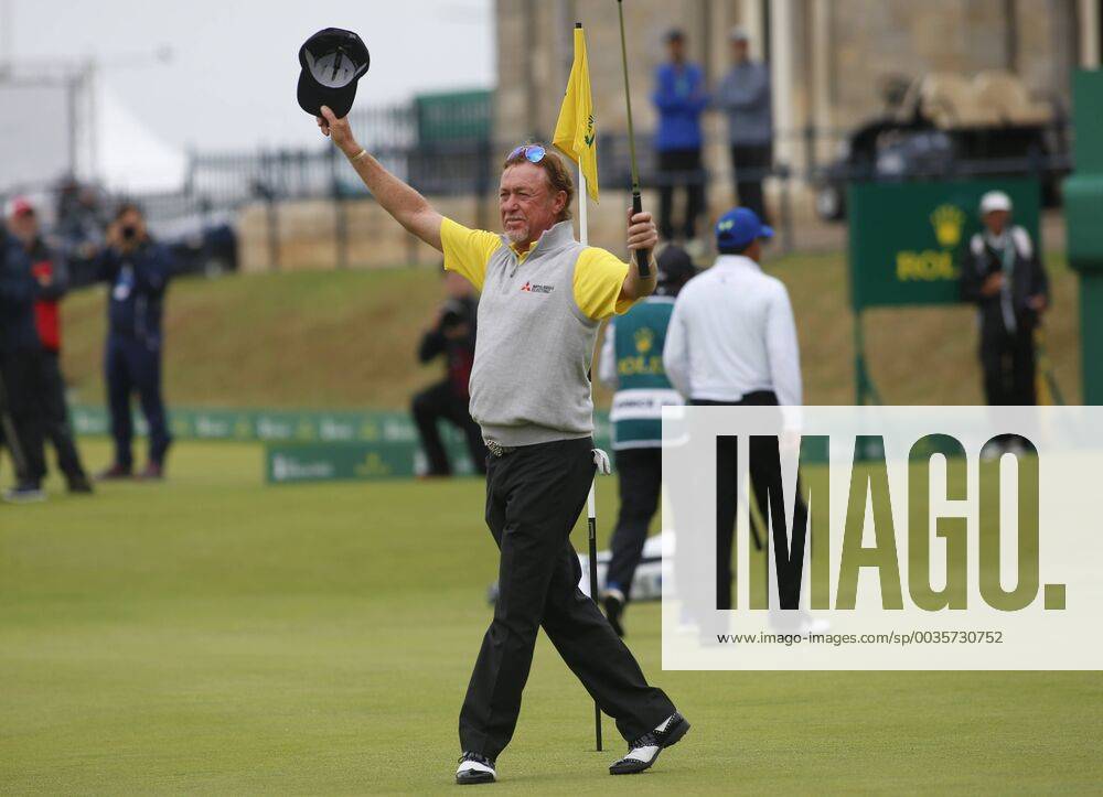 29th July 2018, Old Course at St Andrews, St Andrews, Scotland; The 2018 Senior Open Golf Championships, 4th round; This year s winner Miguel Angel Jimenez (ESP) celebrates after sinking his winning putt on the 18th green to finish on 12 under par ActionPlus12051776 AlanxMartin