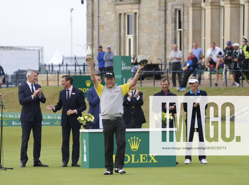 29th July 2018, Old Course at St Andrews, St Andrews, Scotland; The 2018 Senior Open Golf Championships, 4th round; This year s winner Miguel Angel Jimenez (ESP) poses with the Senior Open trophy ActionPlus12051758 AlanxMartin