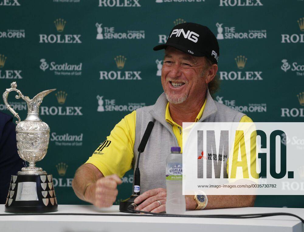 29th July 2018, Old Course at St Andrews, St Andrews, Scotland; The 2018 Senior Open Golf Championships, 4th round; Miguel Angel Jimenez (ESP) speaks to the media after winning the tournament with a score of 12 under par ActionPlus12051779 AlanxMartin