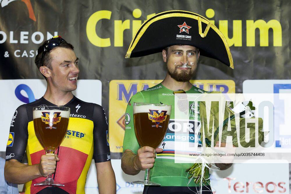 KW31 Belgian Yves Lampaert of Quick-Step Floors and Slovak Peter Sagan of Bora-Hansgrohe celebrate on the podium after the 83rd edition of the Natourcriterium Aalst cycling race, Monday 30 July 2018 in Aalst. The contest is a part of the traditional criteriums , local races in which mainly cyclists who rode the Tour de France compete. KRISTOFxVANxACCOM x05395588x