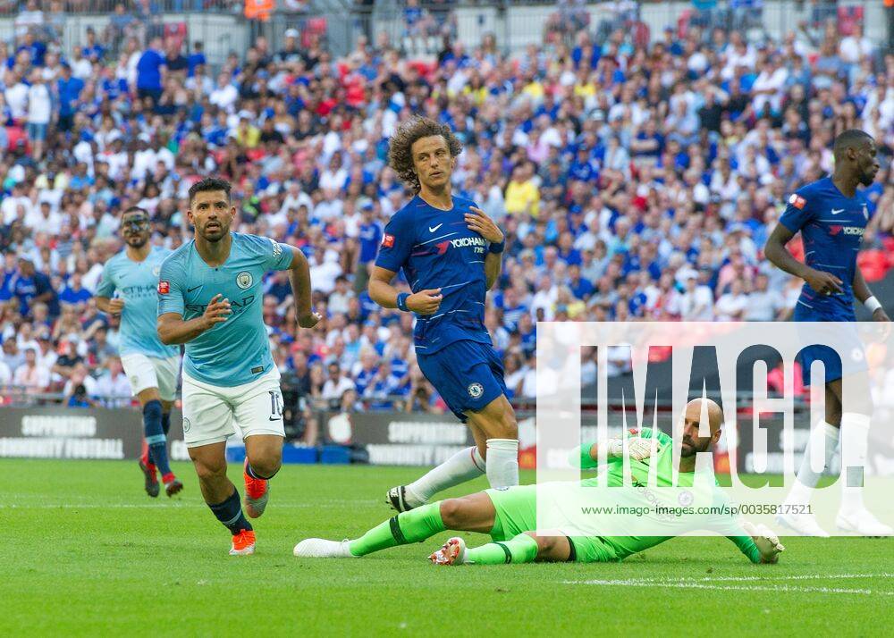 Sergio Aguero of Manchester City scores his second goal during the The FA Community Shield Final match between Chelsea and Manchester City at Stamford Bridge, London, England on 5 August 2018.