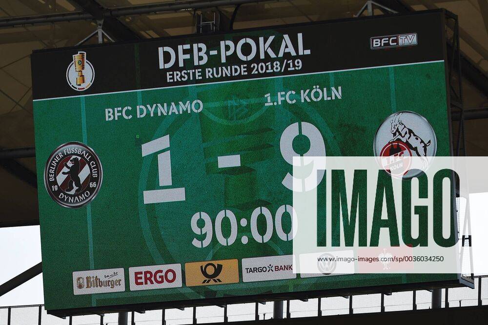 KW33 Fussball, Herren, DFB-Pokal, Saison 2018 19, 1. Hauptrunde, BFC Dynamo - 1. FC Köln, Anzeigetafel mit dem 1:9-Endstand, 19.08.18,