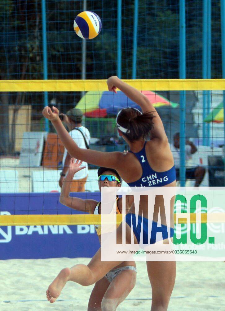 Palembang, South Sumatra, Indonesia - PALEMBANG, INDONESIA - AUGUST 20 : Japan s Megumi Murakami a smash against China in the women s Beach volleyball Beachvolleyball during the 2018 Asian Games in Palembang, Indonesia on August 20, 2018. Japan s Megumi Murakami Miki Ishii beat China s Wang Xinxin Zeng Jinjin 21-12 and 21-15. Japan Beat China on Beach Volley in Asian Games - ZUMAys1_ 85039416st