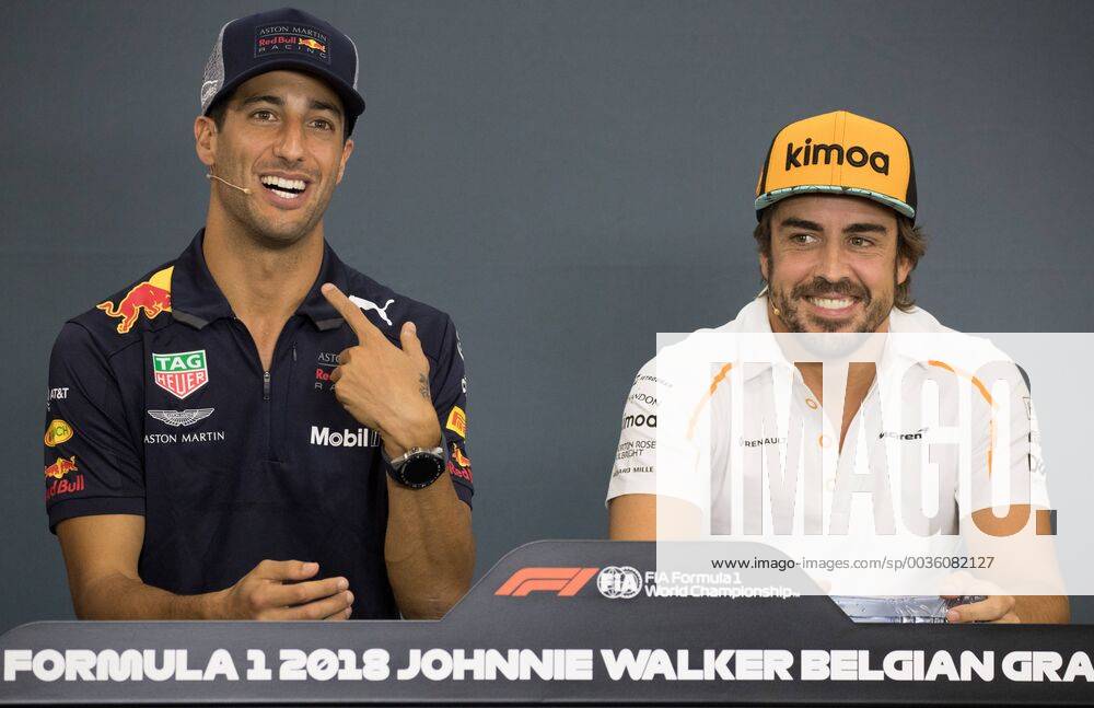 Red Bull s Australian driver Daniel Ricciardo and McLaren s Spanish driver Fernando Alonso pictured during a press conference PK Pressekonferenz part of preparations ahead of the Spa-Francorchamps Formula One Grand Prix of Belgium race, in Spa-Francorchamps, Thursday 23 August 2018. BENOITxDOPPAGNE x05411535x