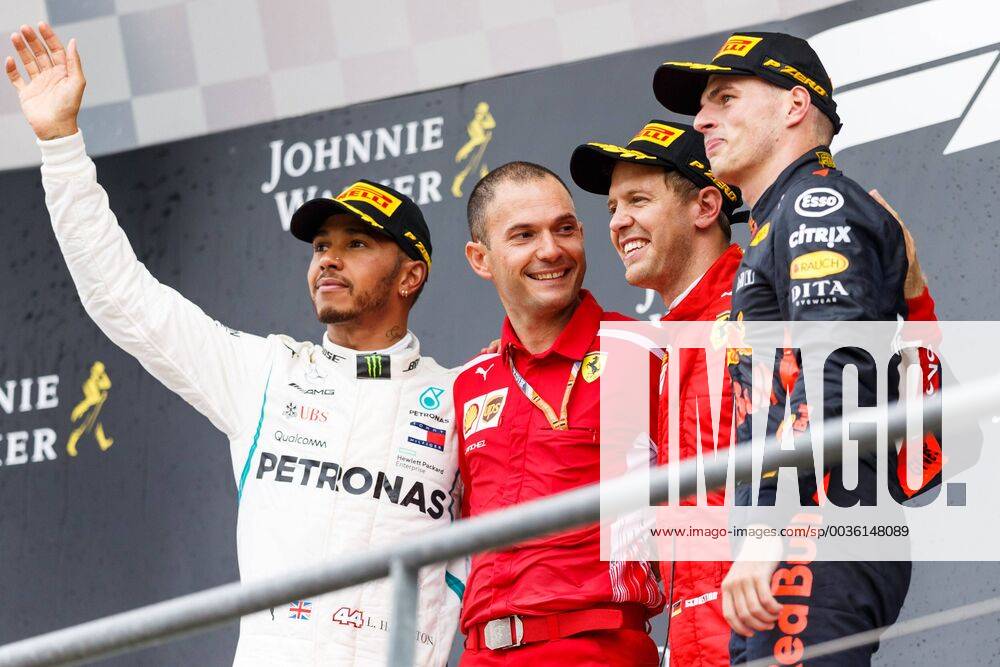 Podium mit Lewis Hamilton (Mercedes AMG Petronas Formula One Team), Ferrari Chefaerodynamiker David Sanchez, Sebastian Vettel (Scuderia Ferrari) und Max Verstappen (Red Bull Racing), Grosser Preis von Belgien 2018, Motorsport, Formel 1, 26.08.2018, Grosser Preis von Belgien 2018, Motorsport, Formel 1, 26.08.2018 Spa Franchorchamps