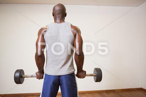 Rear view of a muscular man lifting barbell in gym 30s, Mid Adult, Man, Male, Black, Body, Fit, Fitness, Healthy, Leisure, Lifestyle, Sporty, Athletic, Wellness, Body Care, Strong, Athlete, Muscular, Toned, Masculine, Gym, Health, Physical, Shape, Attractive, Bodybuilder, Bodybuilding, Physique, Strength, Muscle, Bicep, Crossfit, Arms, Club, Workout, Fitness Studio, Health Club, Macho, Masculinity, Training, Wellbeing, Working Out, Biceps, Muscles, Standing, Exercise Equipment, Barbell, Active, Equipment