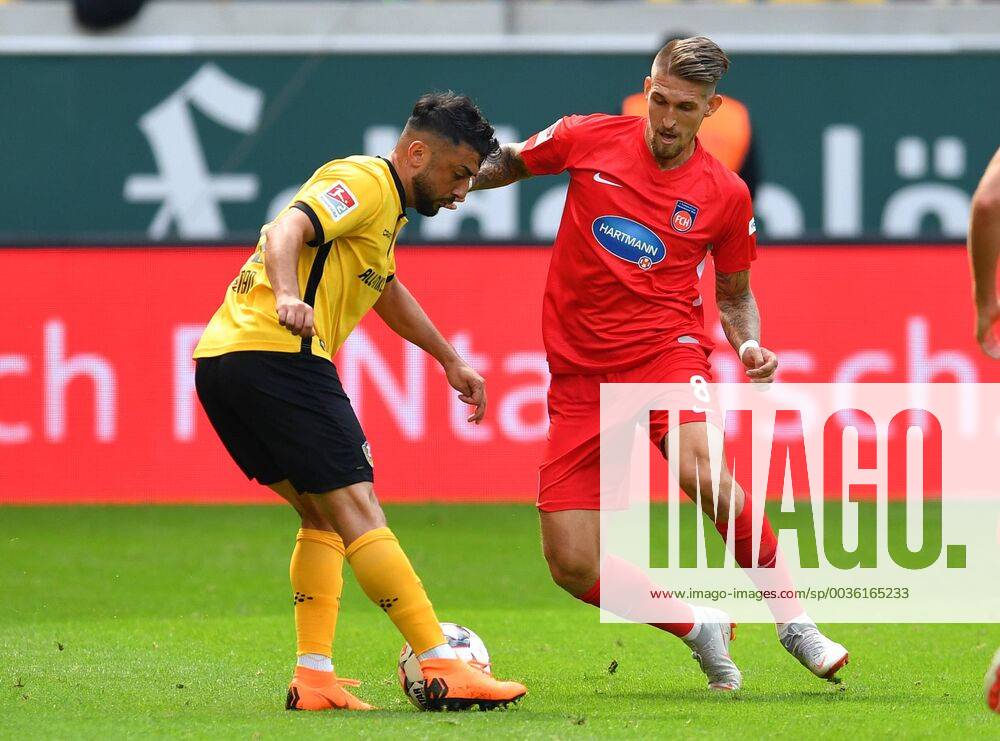 Fussball, GER, Saison 2018 2019, 2. Bundesliga, 1. Spieltag, DDV-Stadion Dresden, SG Dynamo Dresden - 1. FC Heidenheim, v.l.: Aias Aosman (Dresden) gegen Robert Andrich (Heidenheim), DFL REGULATIONS PROHIBIT ANY USE OF PHOTOGRAPHS as IMAGE SEQUENCES and or QUASI-VIDEO,