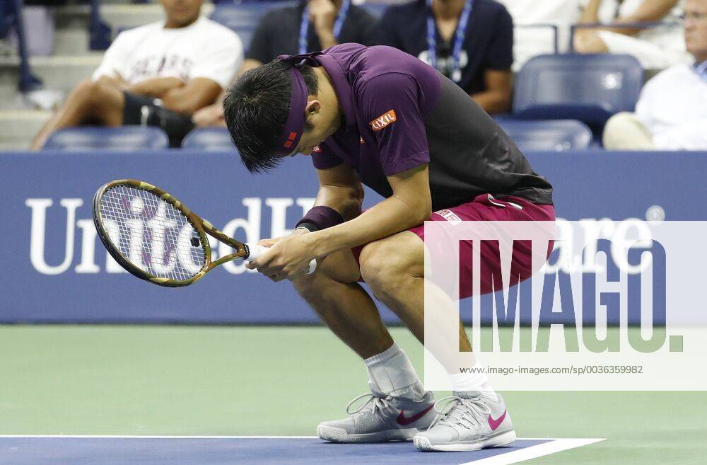 Kei Nishikori of Japan reacts after losing a point in his straight sets defeat to Novak Djokovic of Serbia in their semifinal match in Arthur Ashe Stadium at the 2018 US Open Tennis Championships at the USTA Billie Jean King National Tennis Center in New York City on September 7, 2018. NYP20180907129 JOHNxANGELILLO