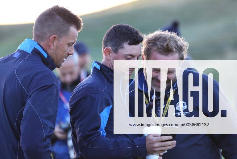 Luke Donald (L), Rory McIlroy (C) and Graeme McDowell arrive for the Ryder Cup European team photo at Le Golf National in Guyancourt near Paris on September 25, 2018. PAR20180925043 DAVIDxSILPA