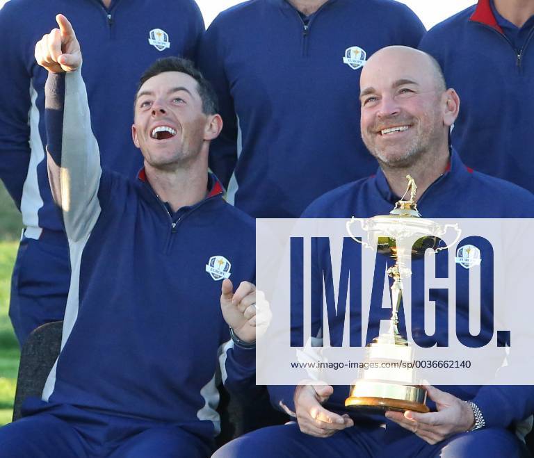 Rory McIlroy and Ryder Cup European team captain Thomas Bjorn arrive for a team photo at Le Golf National in Guyancourt near Paris on September 25, 2018. PAR20180925056 DAVIDxSILPA