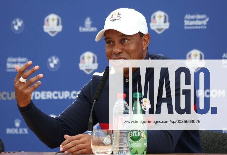 Tiger Woods holds a press conference PK Pressekonferenz on the first practice day of the Ryder Cup 2018 at Le Golf National in Guyancourt near Paris on September 25, 2018. Team USA defends the Ryder Cup against Team Europe in the three-day tournament starting on Friday, September 28th. PAR20180925064 DAVIDxSILPA