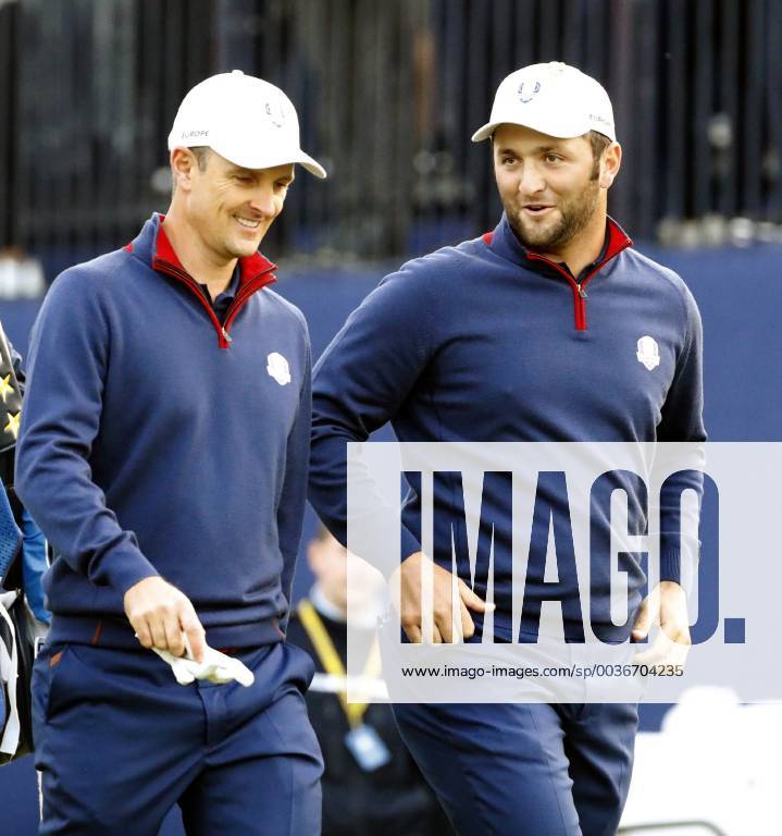 English golfer Justin Rose (L) and Spanish Jon Rahm (R) are seen before the 1st hole during the Ryder Cup 2018 at The Golf National in Guyancourt, near Paris, France, 28 September 2018. The Ryder Cup 2018 runs from 25 to 30 September. Ryder Cup 2018 !ACHTUNG: NUR REDAKTIONELLE NUTZUNG!