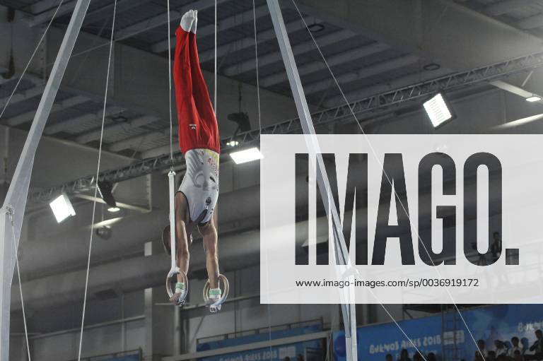 Buenos Aires, Buenos Aires, Argentina - DANIEL SCHWED of Germany performs his routine on the rings during the Men s Gymnastics Qualifications on Day 2 of the Buenos Aires 2018 Youth Olympic Games Olympische Spiele Olympia OS at the Olympic Park. Buenos Aires 2018 Youth Olympic Games - ZUMAm105 85932575st
