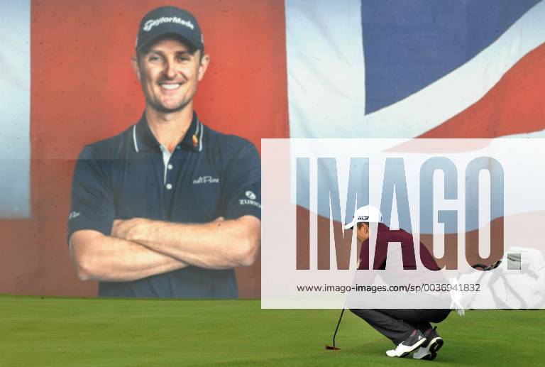 Golf - 2018 Sky Sports British Masters - Thursday, First Round Justin Rose of Great Britain, on the 18th with the backdrop of himself on the poster at Walton Heath Golf Club. COLORSPORT ANDREW COWIE