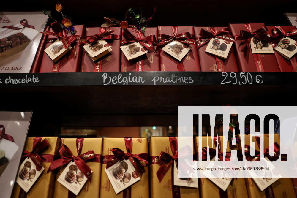 Chocolate for sale is seen on the shelves of a chocolate shop in Brussels, Belgium, November 30, 2023. Brussels Belgium - ZUMAm177 20231130_zip_m177_002