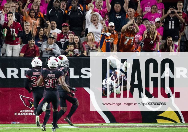 KW42 GLENDALE, AZ - OCTOBER 18: Denver Broncos flips into the end zone for a touchdown during NFL American Football Herren USA football game between the Arizona Cardinals and the Denver Broncos on October 18, 2018 at State Farm Stadium in Glendale, Arizona (Photo by Adam Bow Icon Sportswire) NFL: OCT 18 Broncos at Cardinals Icon18101819355