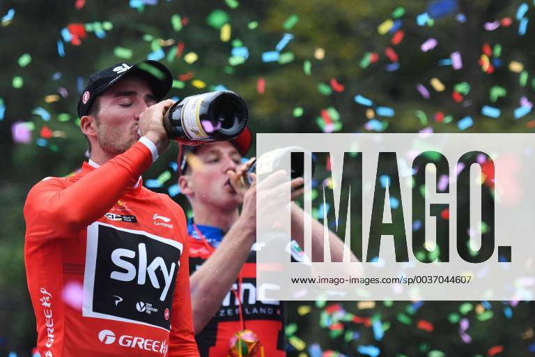 Nanning, China - (Left - Right) Gianni Moscon of Italy and Team SKY, and Stefan Kung of Switzerland and BMC Racing Team, during the Awards Ceremony after the fourth stage, 152.2km from Nanning to Nongla Scenic Area, of the 2nd Cycling Tour de Guangxi 2018. .On Friday, October 19, 2018, in Nongla Scenic Area, China. 2nd Cycling Tour Of Guangxi - Stage Four - ZUMAn230 20181019_zaa_n230_472