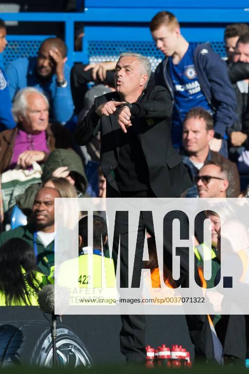 KW42 Jos? Mourinho Manager of Man Utd signals to the official in injury time during the Premier League match between Chelsea and Manchester United ManU at Stamford Bridge, London, England on 20 October 2018.