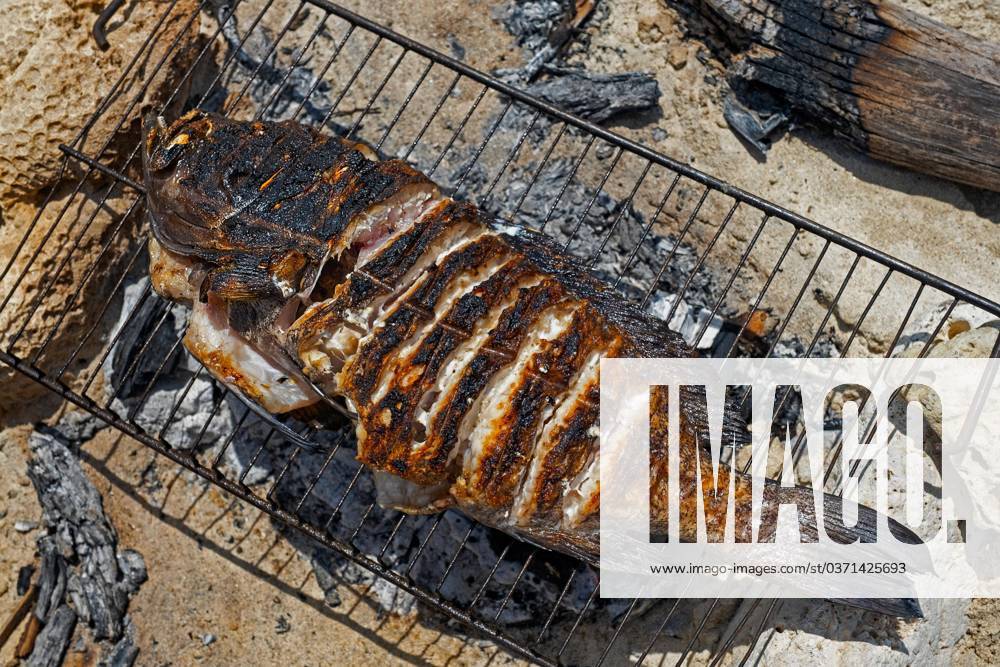 Fangfrischer Fisch, gegrillt auf einem einfachen Grill am Strand des Fischerdorfs Andavadoaka bei Morombe, Region Atsimo Andrefana, Madagaskar, Afrika